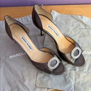 Manolo Blahnik Silver Gunmetal Sedaraby D’Orsay Open Toe Low Heel Pump - Sz. 39!